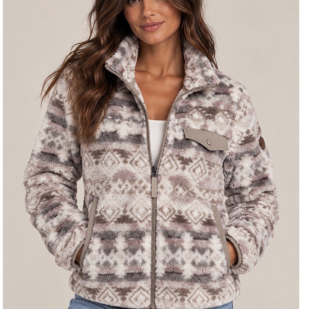 Gerry Womens Full Zip Fleece Jacket Geometric Southwestern High Pile Tan DG9660